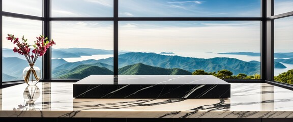 Obraz premium Black Marble Tabletop on Panoramic Window Background for Luxury Presentation