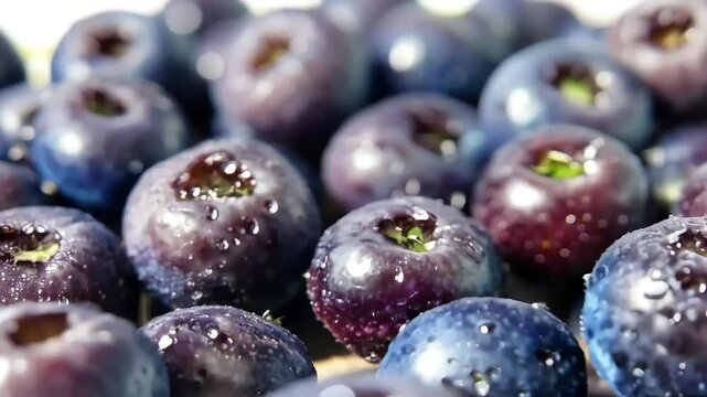beauty fresh blueberries glistening water droplets macro advertising footage harvest ripe enticing closeup shot captured 4K UHD berry blueberry diet food drop organic health droplet moisture
