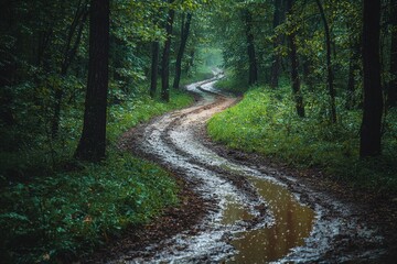 Fototapeta premium Serene winding path through a lush forest after rain