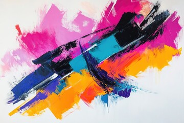 Dynamic, bold brush strokes in bright, bold colors, forming an energetic abstract composition