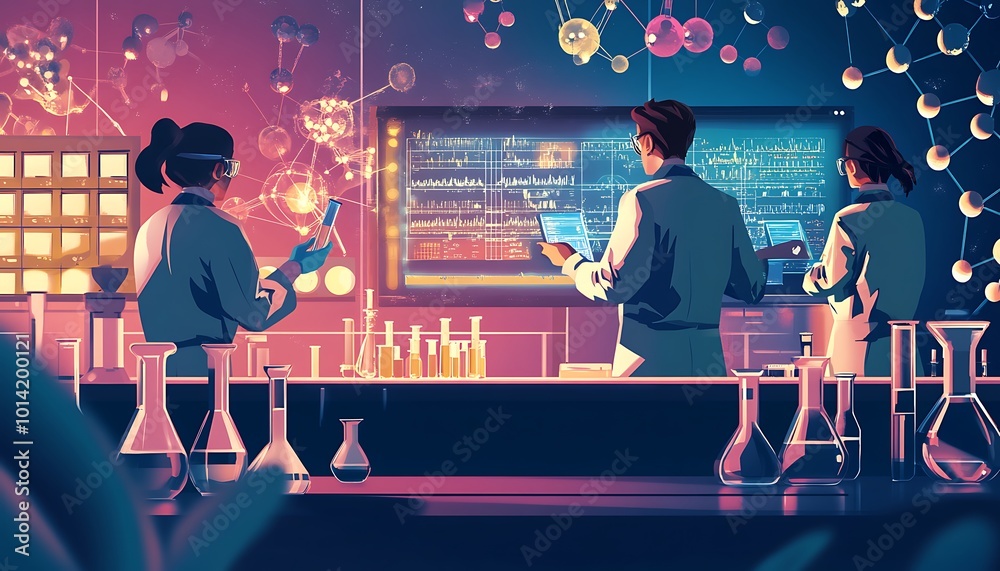 Poster scientists analyzing data in a laboratory setting