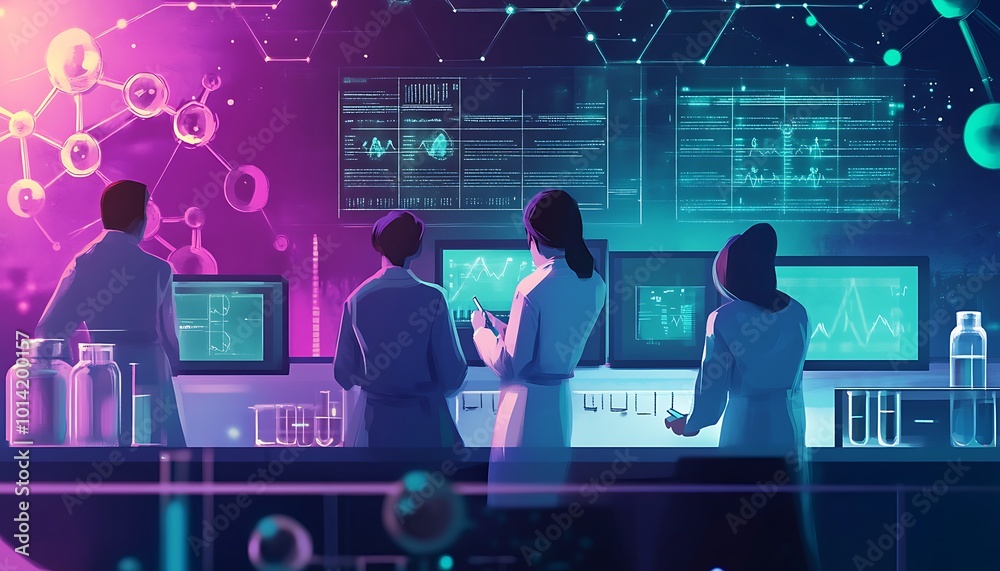 Poster scientists examining data on computer screens in a laboratory setting