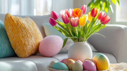 Springtime living room interior design featuring a sofa, furniture, tulip vase, Easter décor, pillows, and personal items. interior design. template. Easter vacations
