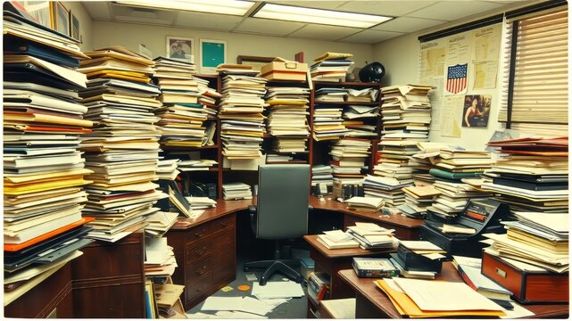 A vintage office desk overwhelmed by stacks of dusty files, scattered papers, and abandoned office supplies, conveying