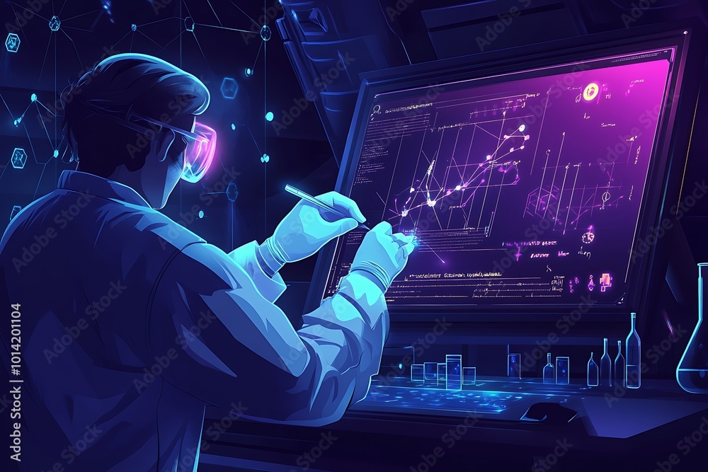 Poster a scientist analyzing data on a large screen in a laboratory
