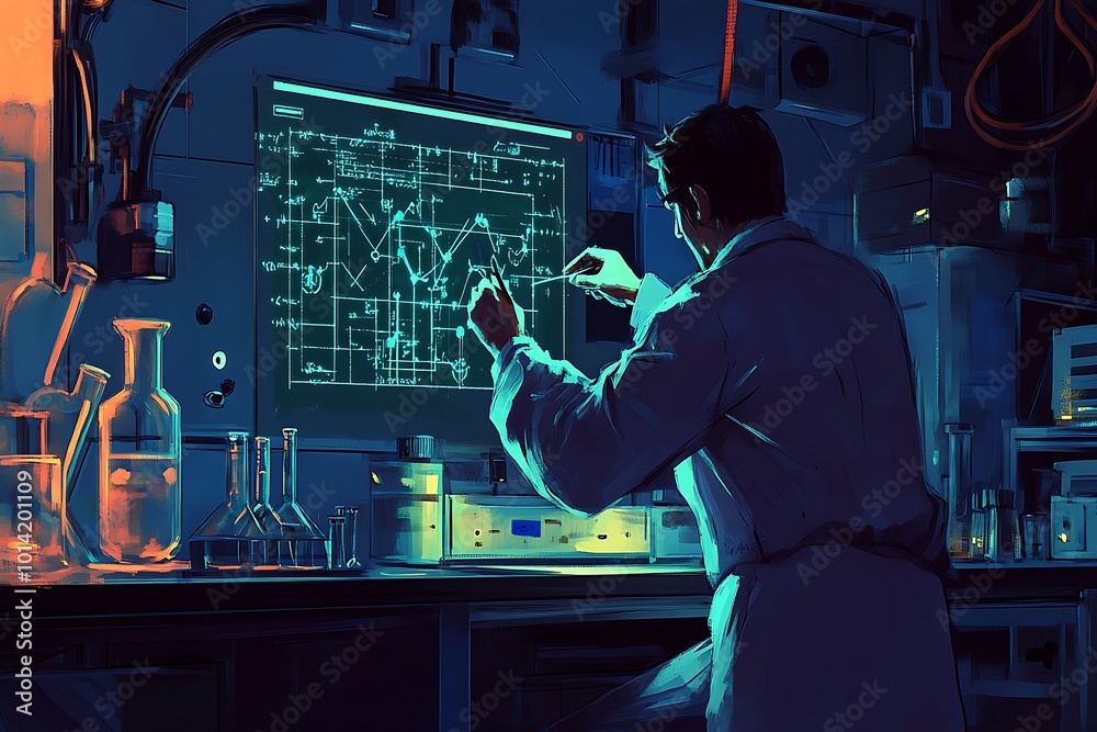 Poster a scientist working in a laboratory, analyzing data on a screen