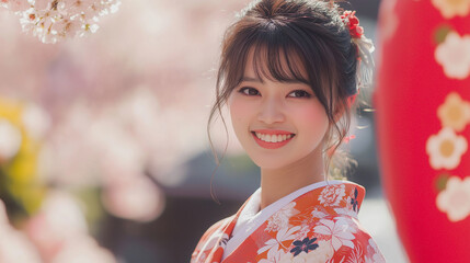 着物姿の笑顔の若い日本人女性