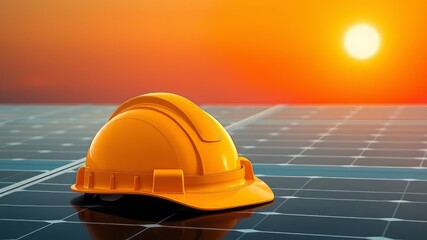 A yellow safety helmet sits atop a solar cell panel against a warm orange sky at sunrise, with