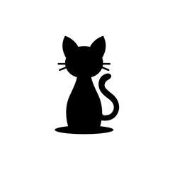 Simple black silhouette of a sitting cat with pointy ears, long tail, and whiskers, perfect for Halloween designs, pet-related themes, and minimalistic projects.