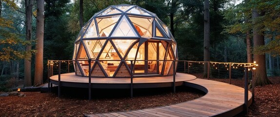  modern, geodesic dome cabin nestled in a dense forest setting. The structure features a unique geometric design with triangular glass panels and a metallic frame
