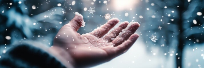 Fototapeta premium A gently expectant hand trying to catch a snowflake against a dreamy winter backdrop. Blurred trees and soft light evoke a sense of tranquility, highlighting the quiet beauty of nature on a snowy day.