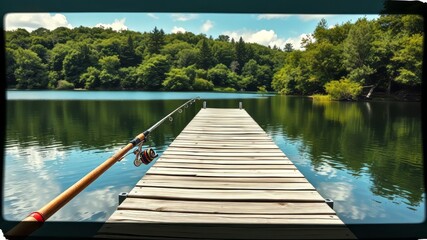 Serene lake scenery features a wooden dock extending into calm waters, surrounded by lush greenery, with a rickety