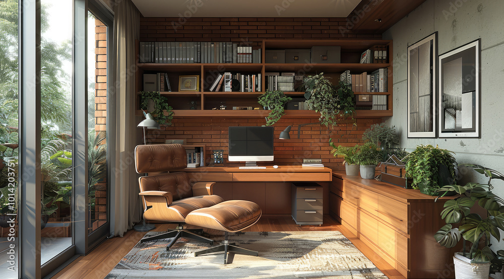 Poster home office design in wood storage of bottom storage and wall open unit with metal study table and a