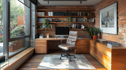 Home office design in wood storage of bottom storage and wall open unit with metal study table and arm chair wall in red brick.