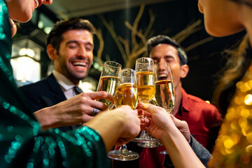 Group of Cheerful People toasting champagne glass celebrating holiday event party together at...