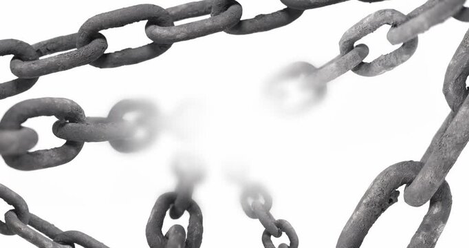 Multiple dirty rusted chains pulled tight across white background with empty center. Concept of imprisonment, restrictions, or an old or outdated security system.