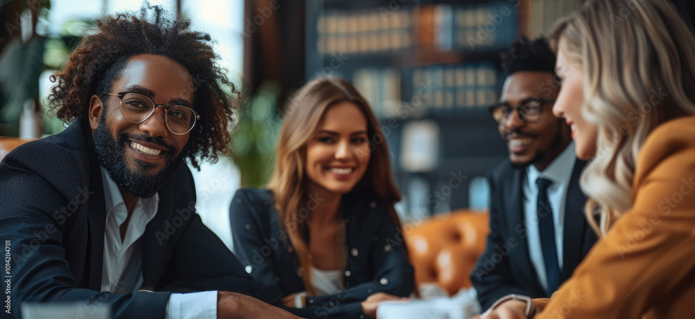 Aufkleber a multicultural team of business men and women sitting around a sleek office desk, smiling and discu