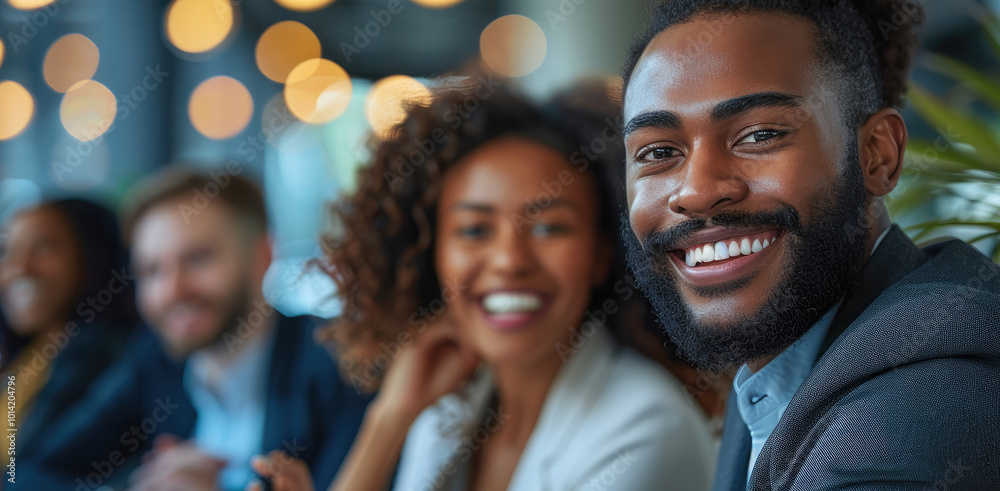 Aufkleber a multicultural team of business men and women sitting around a sleek office desk, smiling and discu