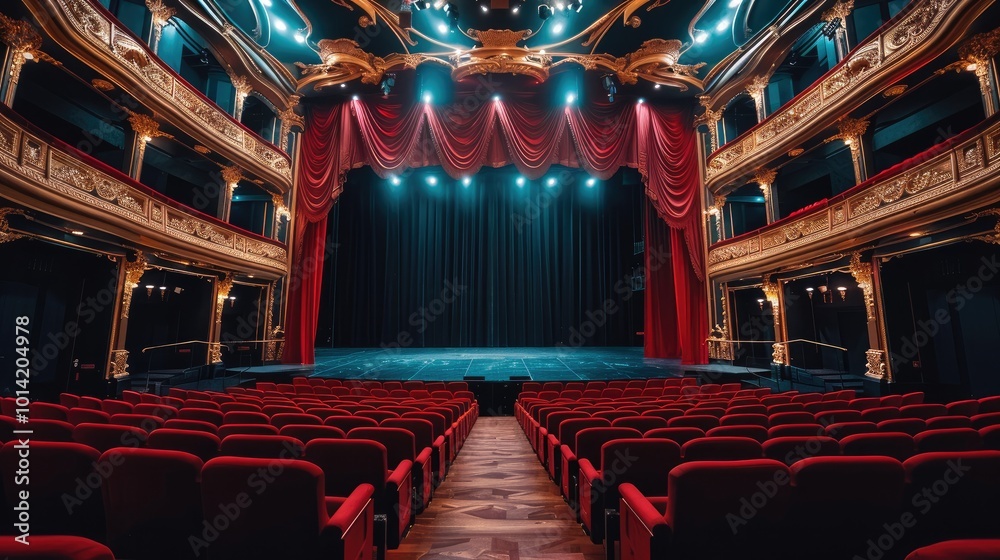 Poster a luxurious theater auditorium viewed from behind with seats at a higher elevation in the back and l