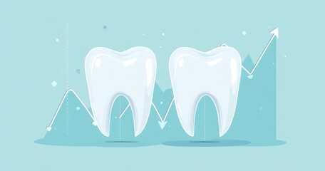 Two white teeth with an upward and downward arrow graph.