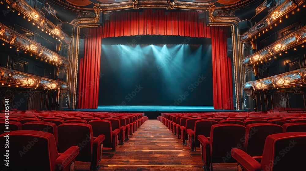 Poster a luxurious theater auditorium viewed from behind with seats at a higher elevation in the back and l