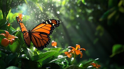 Obraz premium Monarch Butterfly in Lush Green Foliage with Raindrops