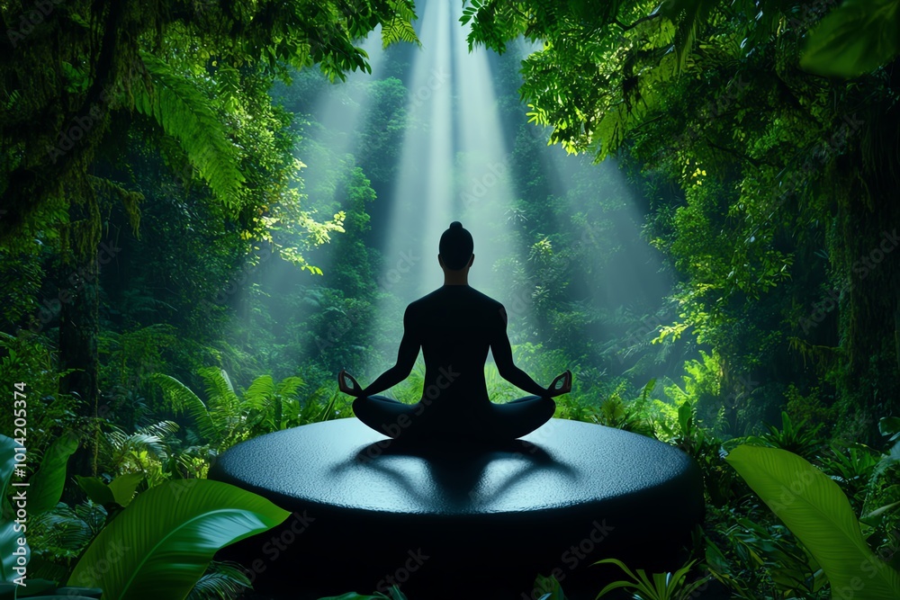 Poster Figure practicing mindfulness in a quiet forest, surrounded by soft beams of light filtering through the trees, representing peace and focus