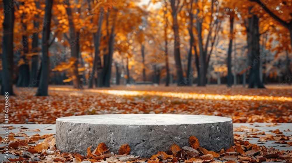 Poster an empty podium for a stone product in an autumn park.