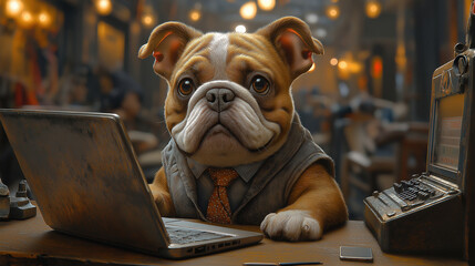 Bulldog sitting at a desk with a laptop, wearing a tie and pretending to work from home