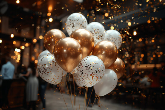 A Festive Atmosphere at a Corporate Celebration with Elegant Golden and White Balloons Illuminated by Sparkling Lights