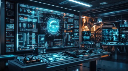 Naklejka premium Futuristic Control Room with Digital Interfaces