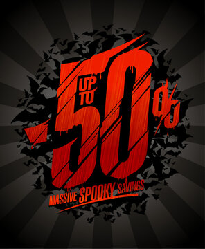 Halloween sale banner mockup, price up to 50 percent off, half price massive spooky savings