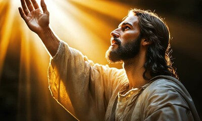 Jesus Christ the Messiah with open arms and bathed in celestial light - Powered by Adobe