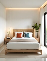 interior of a modern luxury living room bedroom. wooden bed with bed sheet and pillows with modern wall art in a room.