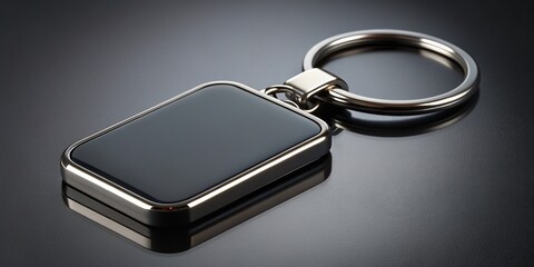 A sleek black keychain with a glossy finish is placed on a dark reflective surface creating a visually intriguing image, reflective surface, image, glossy, black, finish, dark