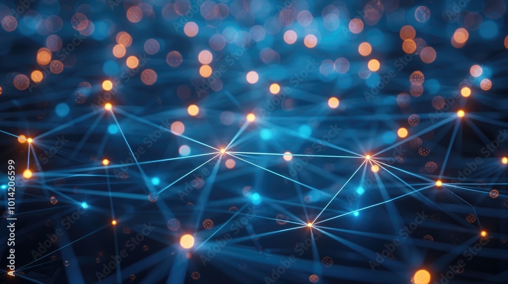 Aufkleber An abstract digital network with glowing blue lines connecting bright nodes, geometric shapes and lines forming interconnected patterns, themes of technology, data science, and futuristic networks.
