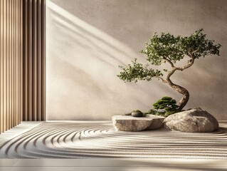 A tranquil zen garden featuring raked sand patterns, smooth stones, and a solitary bonsai tree under gentle sunlight
