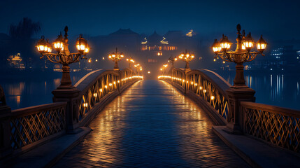 A romantic bridge illuminated by lanterns at night