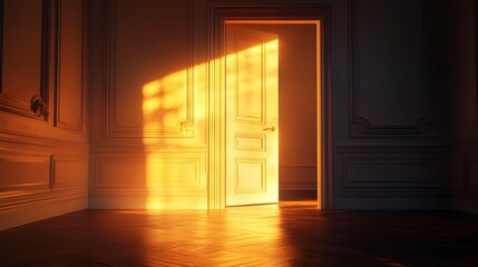 A single open door in an empty room with sunlight streaming through it.