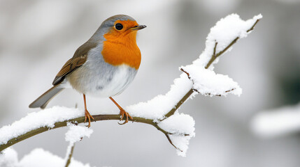 Fototapeta premium A robin perched on a snow-covered branch