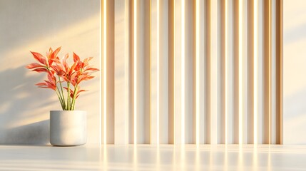 A serene interior scene featuring a potted flower and light streaming through vertical slats, creating a calming and stylish atmosphere.