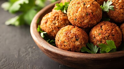 Close-up of Falafel Balls in a Wooden Bowl with Parsley Garnish