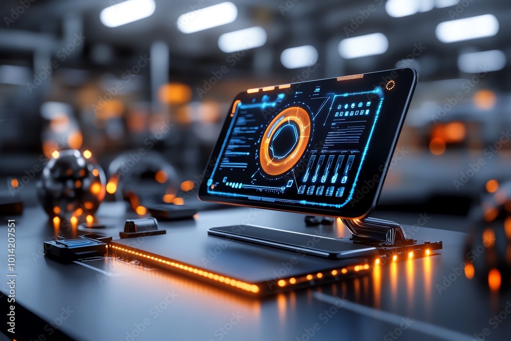 Aufkleber futuristic desk setup with holographic screens, displaying tomorrowâ€™s tasks and goals, surrounded 