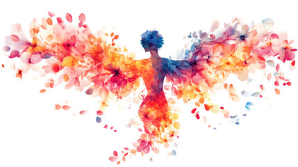 Fototapeta premium The lady has wings made of abstract, bright flowers, with soft petals forming her arms and back