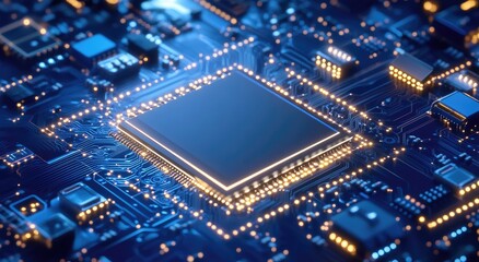 Close-up of a central processing unit (CPU) on a circuit board with glowing edges.