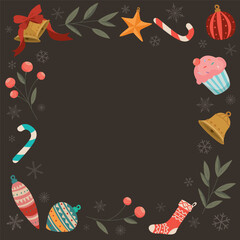 Christmas elements doodle line childish style as a frame on brown background graphic illustration. Merry Christmas greeting card square template.