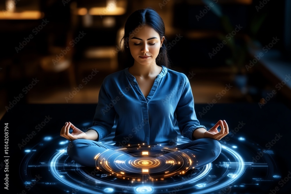Poster Futuristic figure meditating in a glowing digital space, surrounded by soft light and holographic symbols, symbolizing mindfulness in a tech-driven world