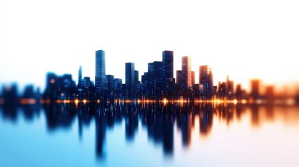 Fototapeta premium City skyline at sunset reflected on calm water, creating a serene urban landscape.