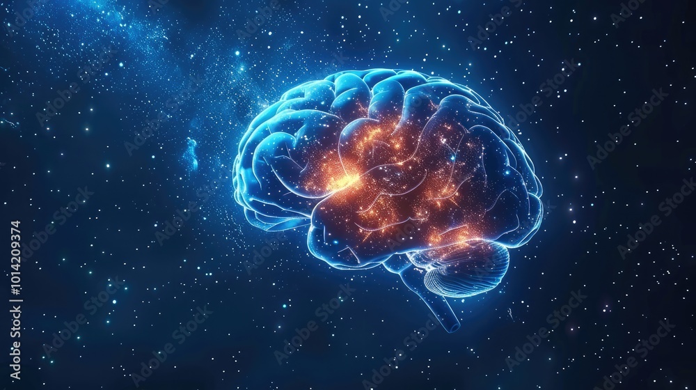 Poster The human brain with glowing stars around it, make the brain's nerve super detailed, symbolizing intelligence and mental power on a dark blue background.
