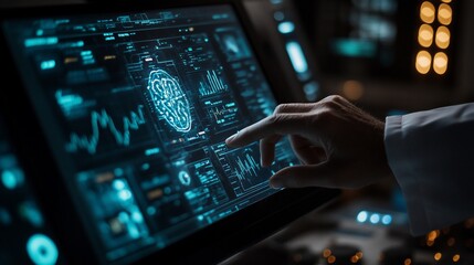 A scientist's hand interacts with a futuristic computer screen displaying a digital brain.
